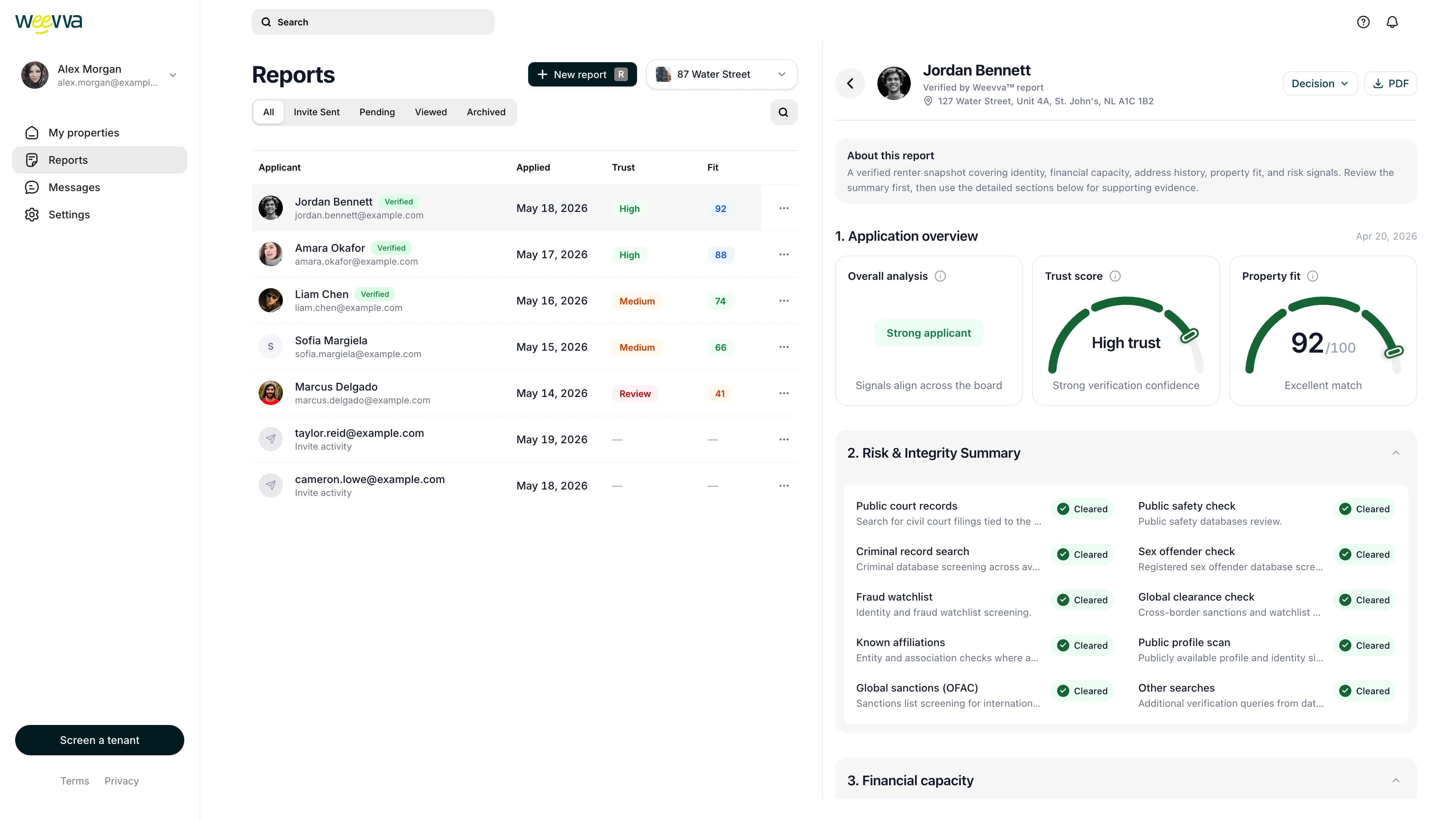 Weevva tenant screening dashboard