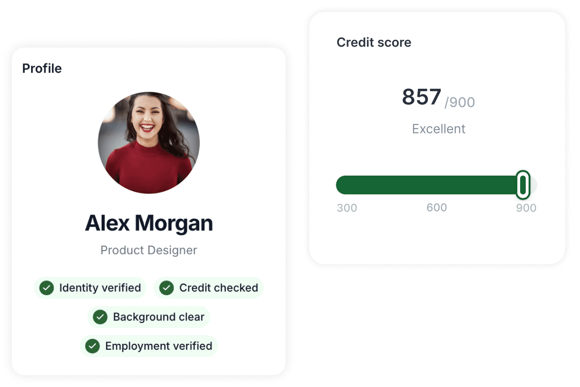 Verified renter profile showing credit score and a verified rental application